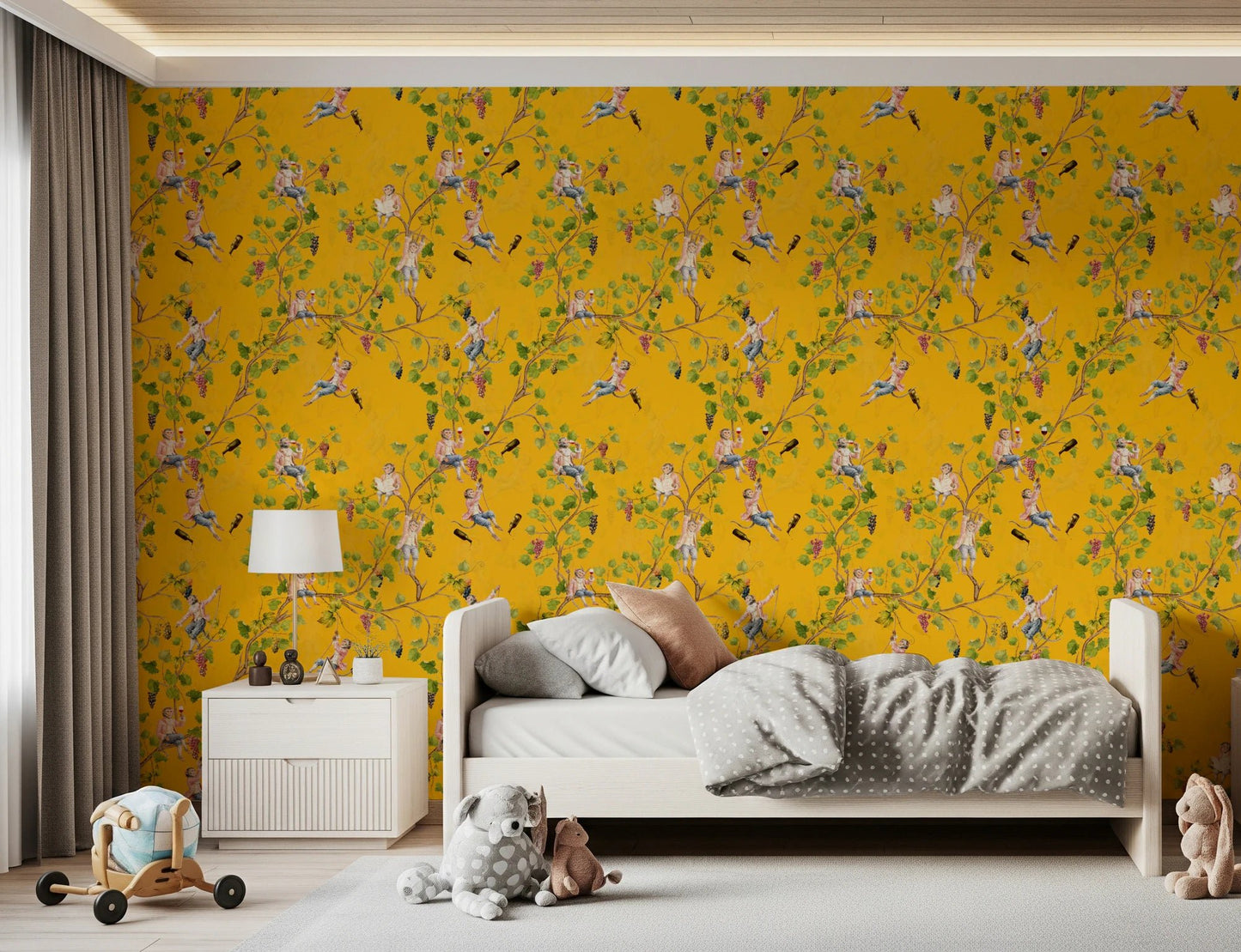 Whimsical Rococo Monkeys Wine Festival Aristocratic Vineyard Vintage Garden yellow Wallpaper⁠