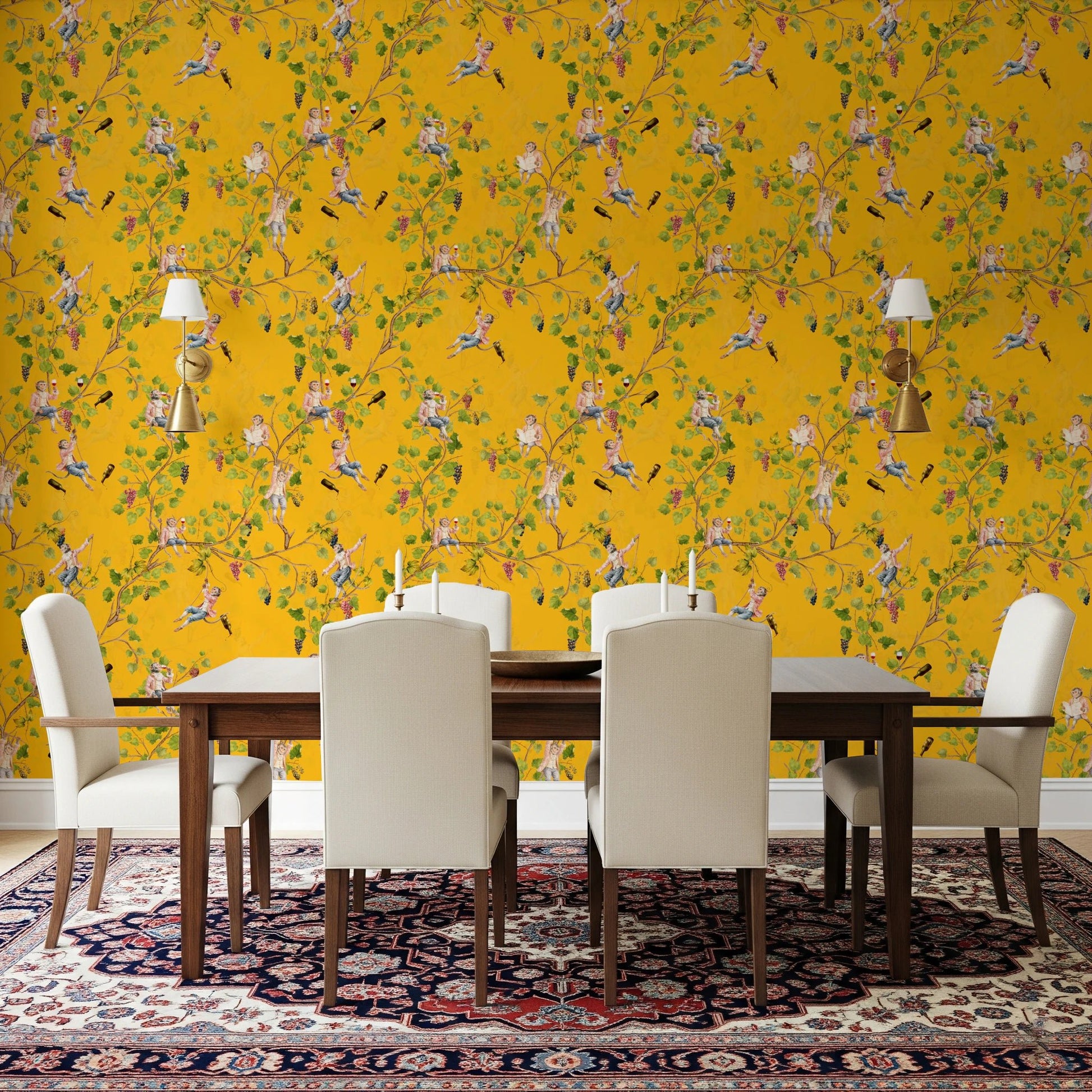 Whimsical Rococo Monkeys Wine Festival Aristocratic Vineyard Vintage Garden yellow Wallpaper⁠