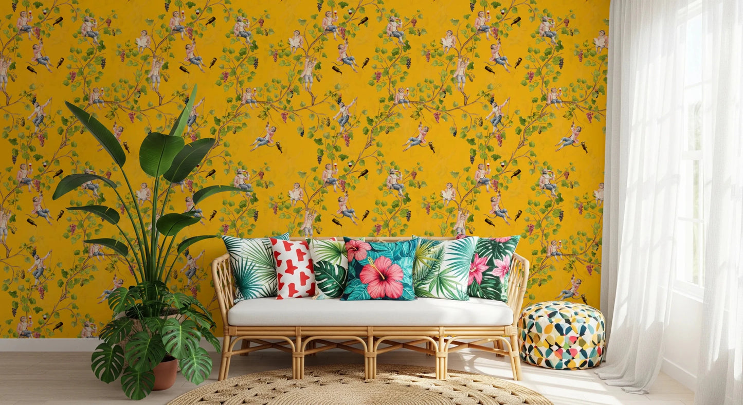 Whimsical Rococo Monkeys Wine Festival Aristocratic Vineyard Vintage Garden yellow Wallpaper⁠