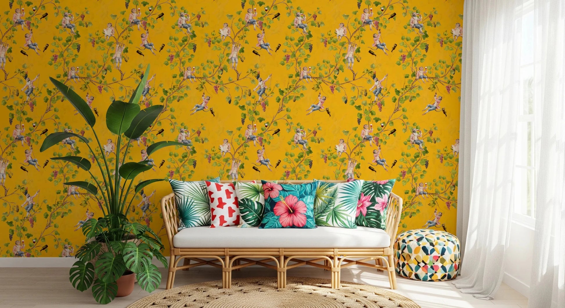 Whimsical Rococo Monkeys Wine Festival Aristocratic Vineyard Vintage Garden yellow Wallpaper⁠