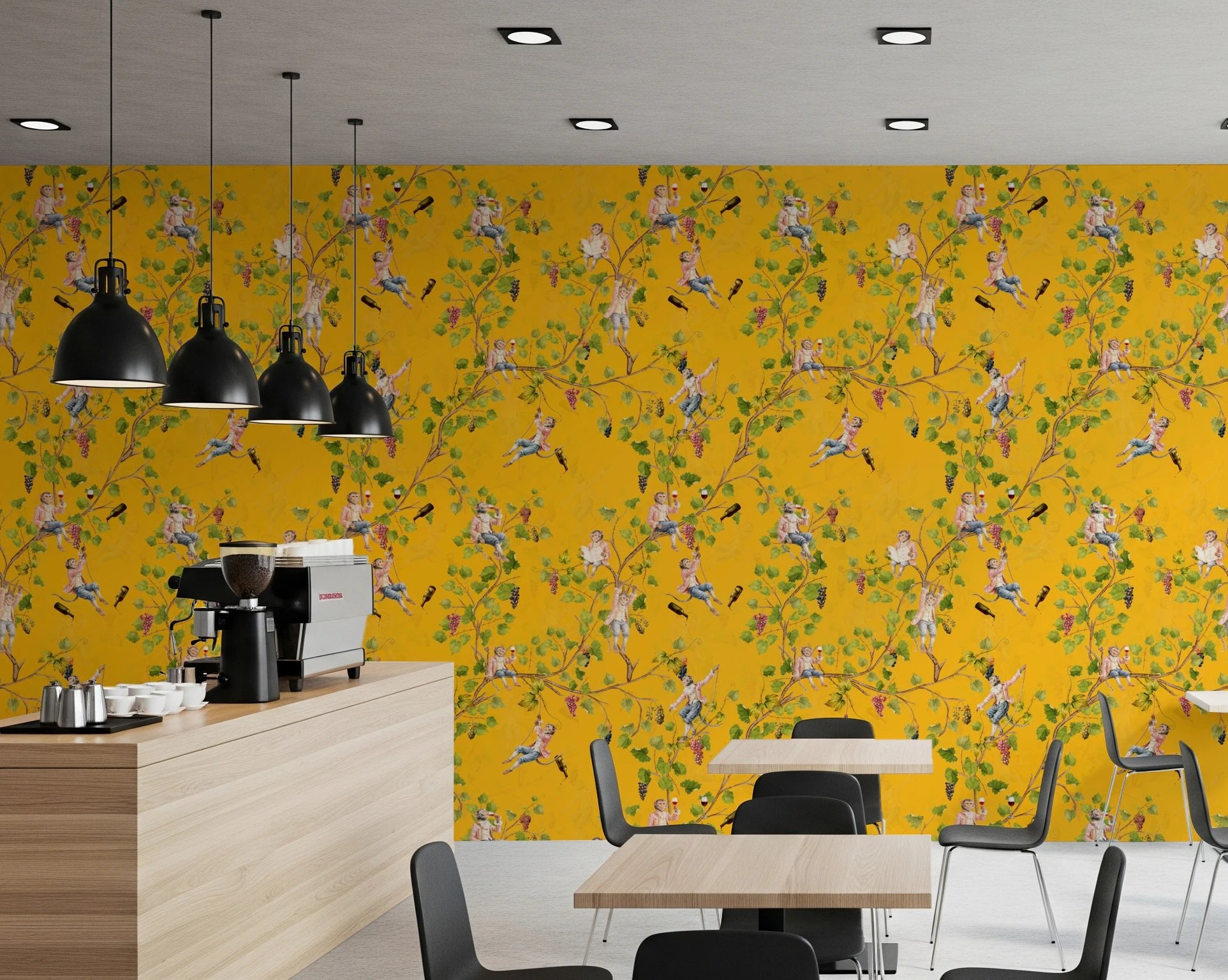 Whimsical Rococo Monkeys Wine Festival Aristocratic Vineyard Vintage Garden yellow Wallpaper⁠