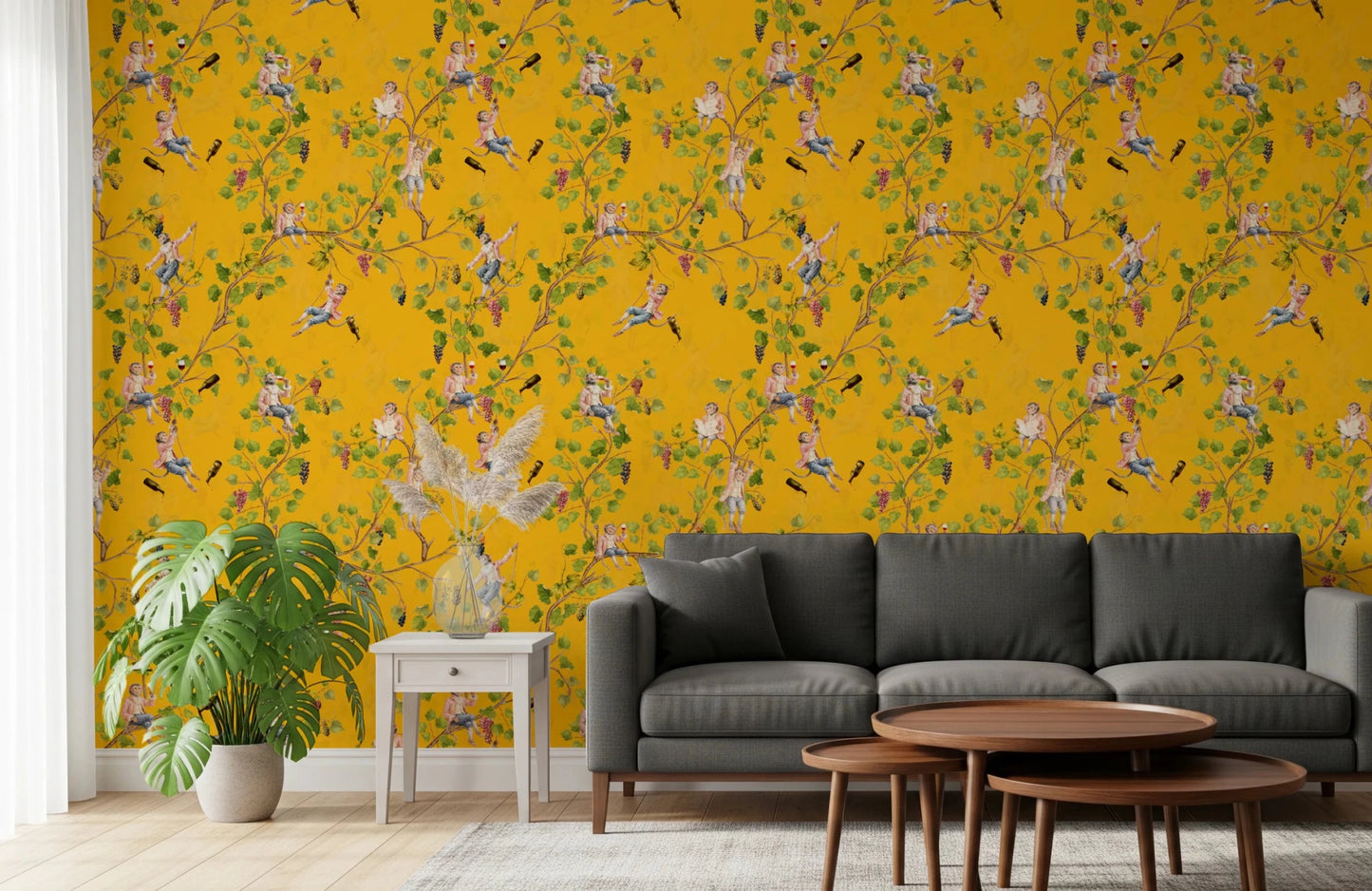 Whimsical Rococo Monkeys Wine Festival Aristocratic Vineyard Vintage Garden yellow Wallpaper⁠