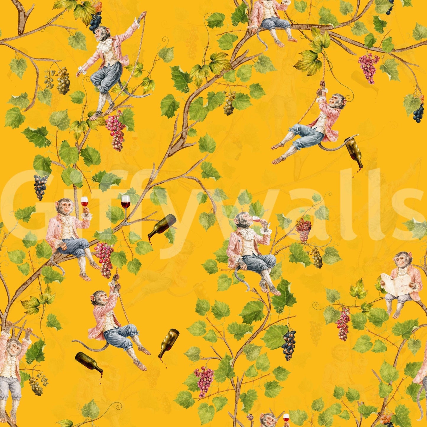 Whimsical Rococo Monkeys Wine Festival Aristocratic Vineyard Vintage Garden yellow Wallpaper⁠