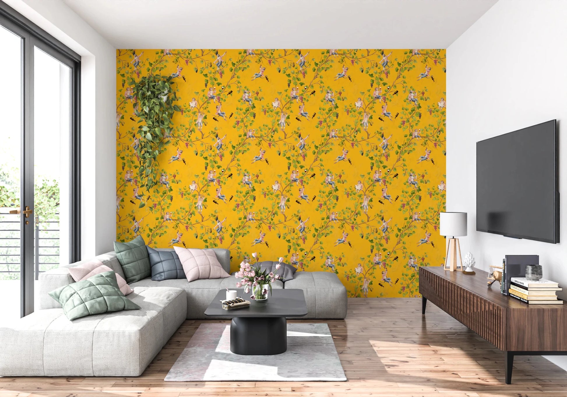 Whimsical Rococo Monkeys Wine Festival Aristocratic Vineyard Vintage Garden yellow Wallpaper⁠