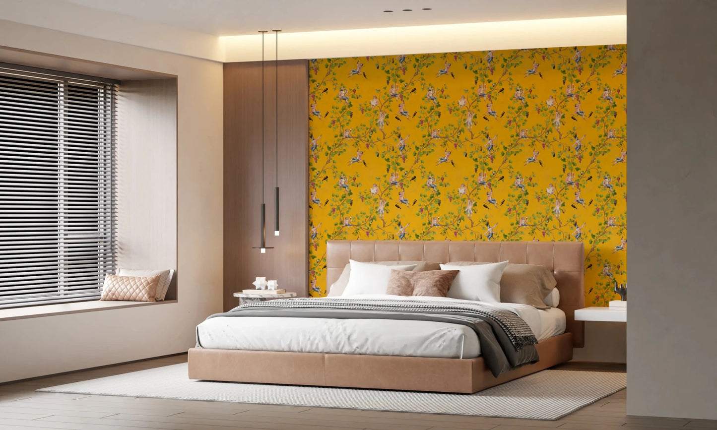 Whimsical Rococo Monkeys Wine Festival Aristocratic Vineyard Vintage Garden yellow Wallpaper⁠