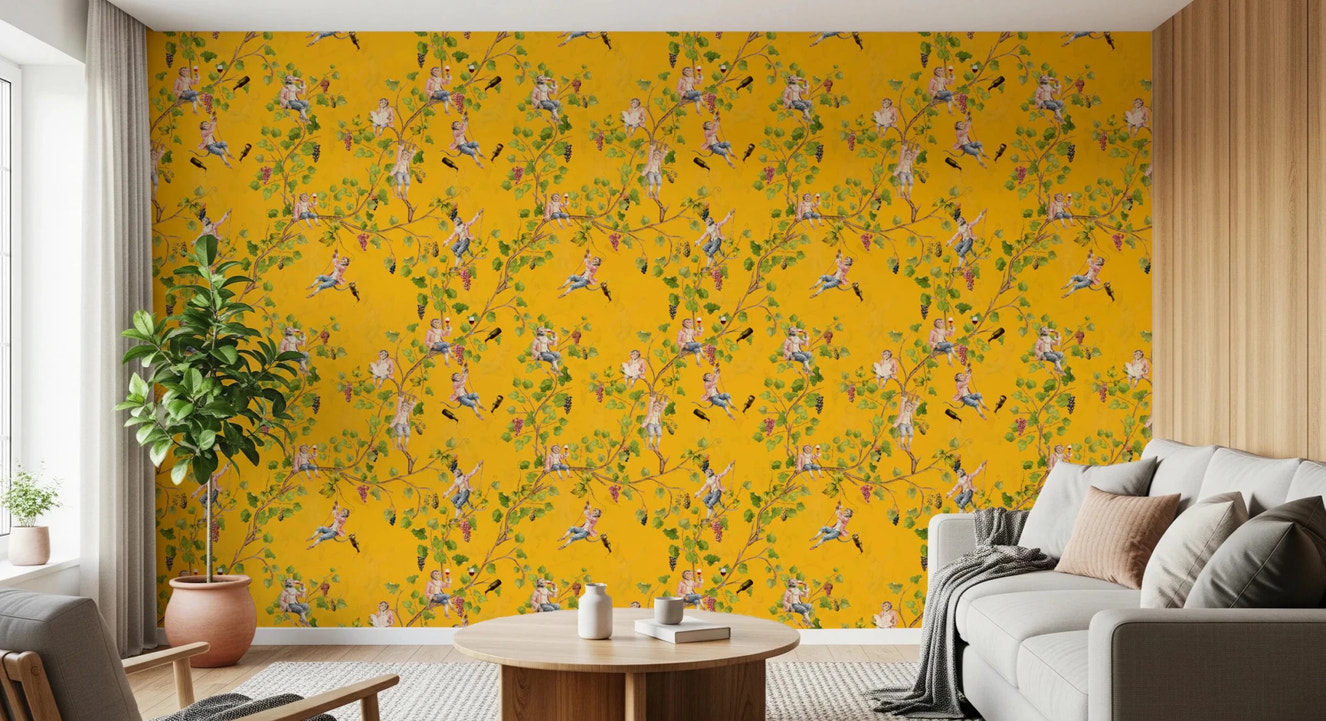 Whimsical Rococo Monkeys Wine Festival Aristocratic Vineyard Vintage Garden yellow Wallpaper⁠