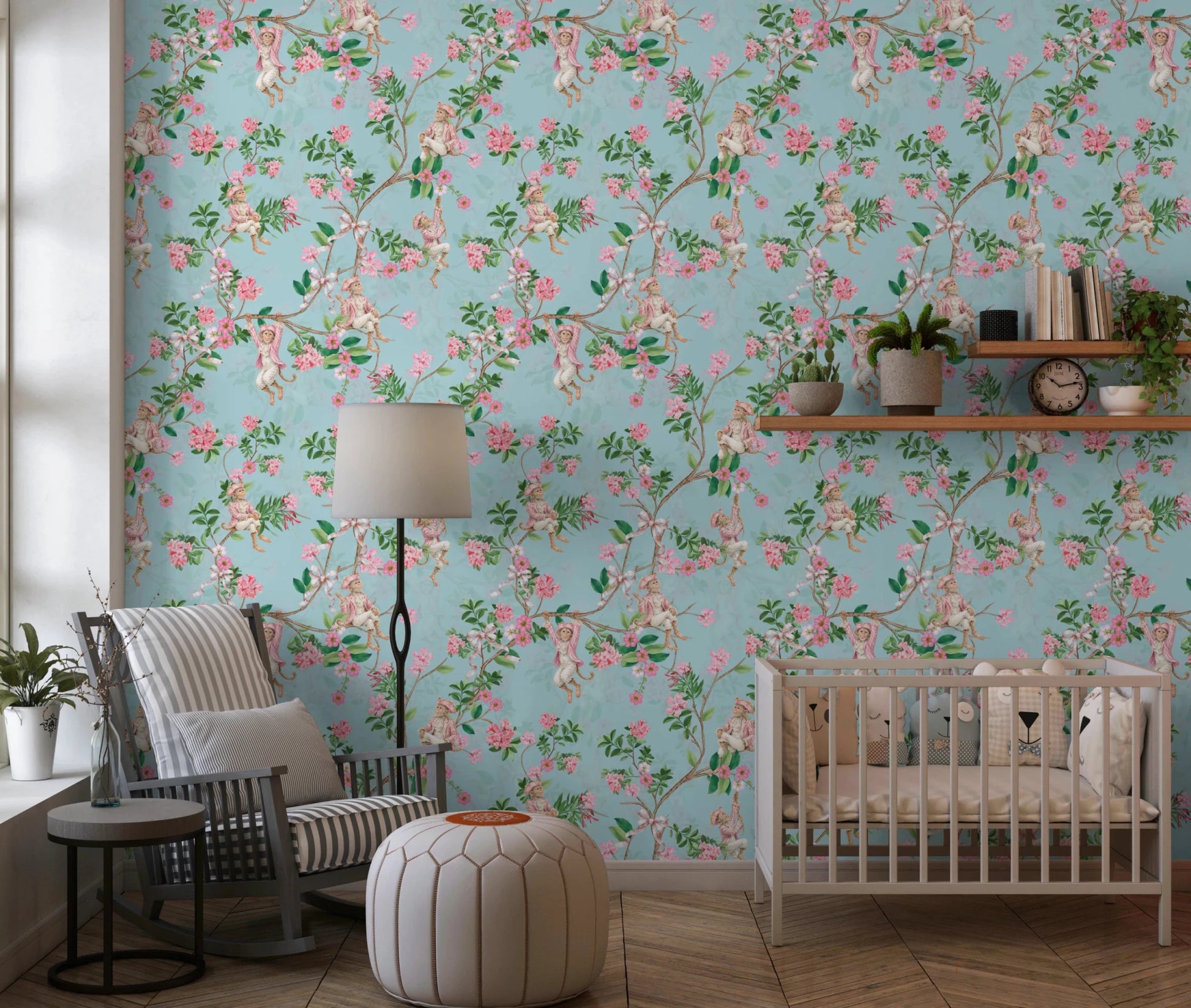 Whimsical Rococo Monkeys Wine Festival Vintage Aristocratic Vineyard Garden Party blue Wallpaper⁠