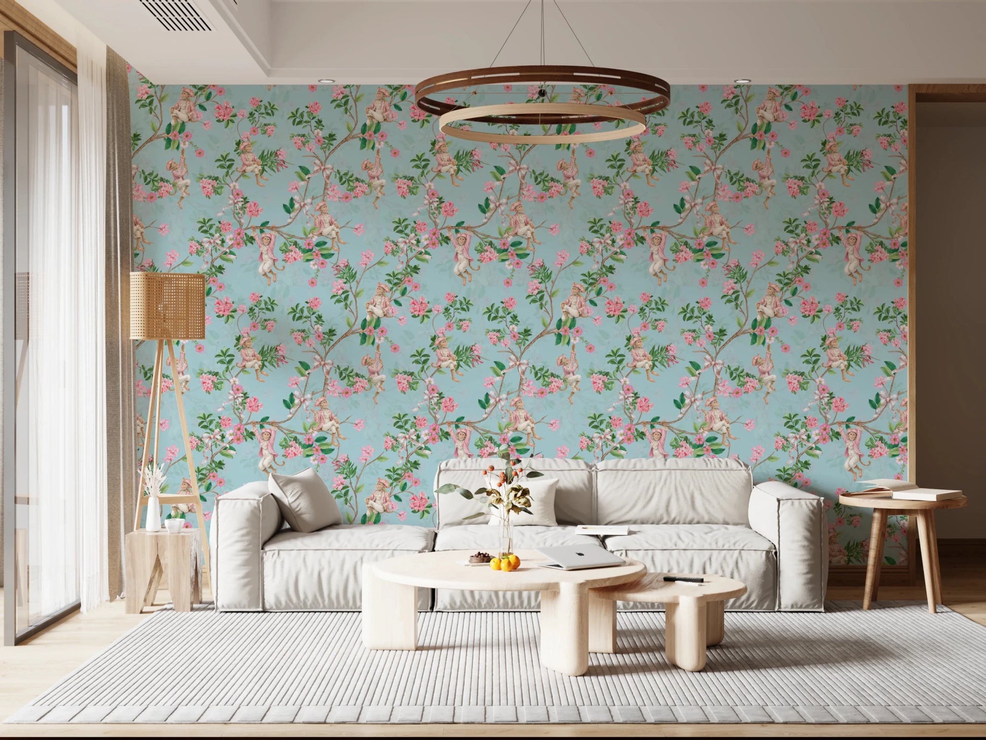 Whimsical Rococo Monkeys Wine Festival Vintage Aristocratic Vineyard Garden Party blue Wallpaper⁠