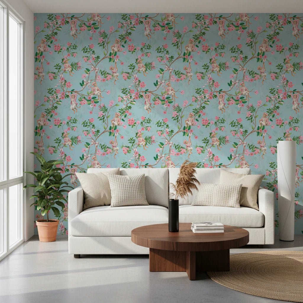 Whimsical Rococo Monkeys Wine Festival Vintage Aristocratic Vineyard Garden Party blue Wallpaper⁠