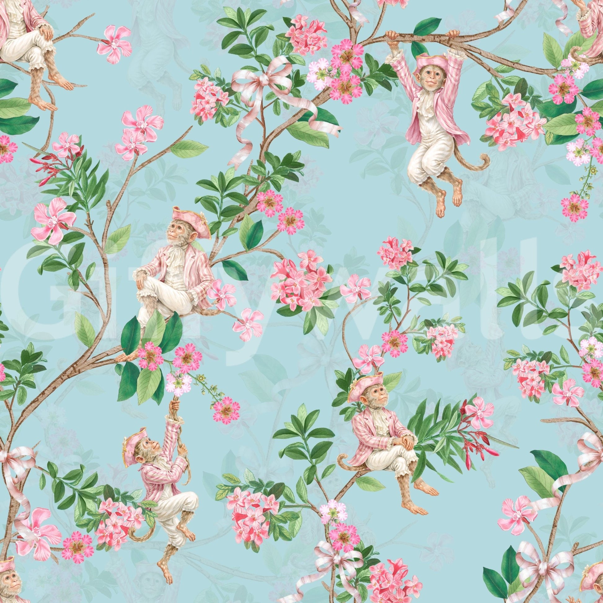 Whimsical Rococo Monkeys Wine Festival Vintage Aristocratic Vineyard Garden Party blue Wallpaper⁠