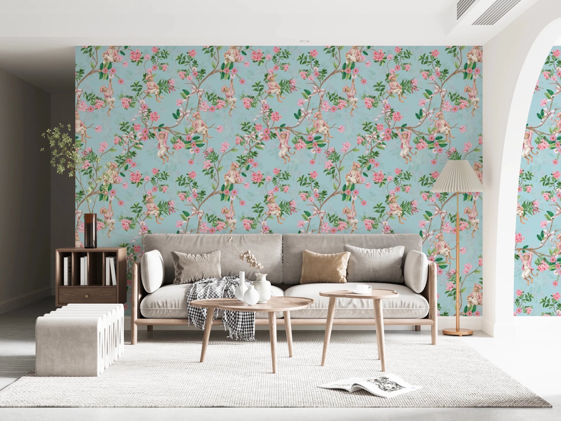 Whimsical Rococo Monkeys Wine Festival Vintage Aristocratic Vineyard Garden Party blue Wallpaper⁠