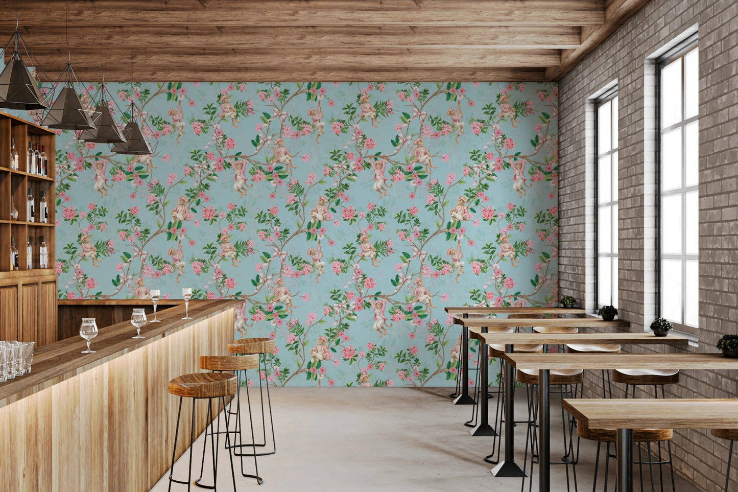Whimsical Rococo Monkeys Wine Festival Vintage Aristocratic Vineyard Garden Party blue Wallpaper⁠