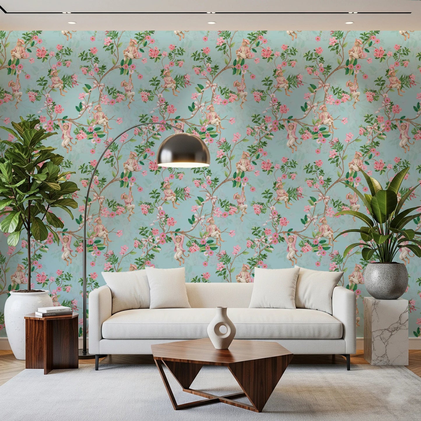 Whimsical Rococo Monkeys Wine Festival Vintage Aristocratic Vineyard Garden Party blue Wallpaper⁠