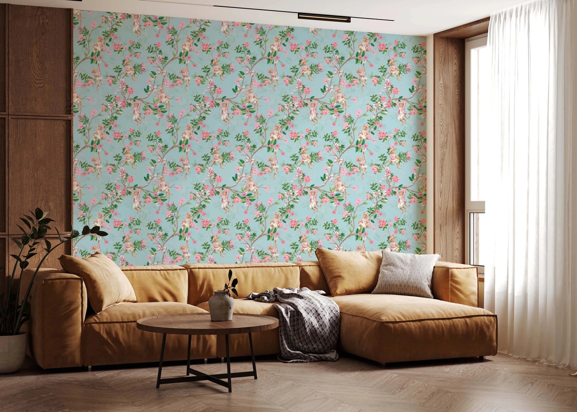 Whimsical Rococo Monkeys Wine Festival Vintage Aristocratic Vineyard Garden Party blue Wallpaper⁠