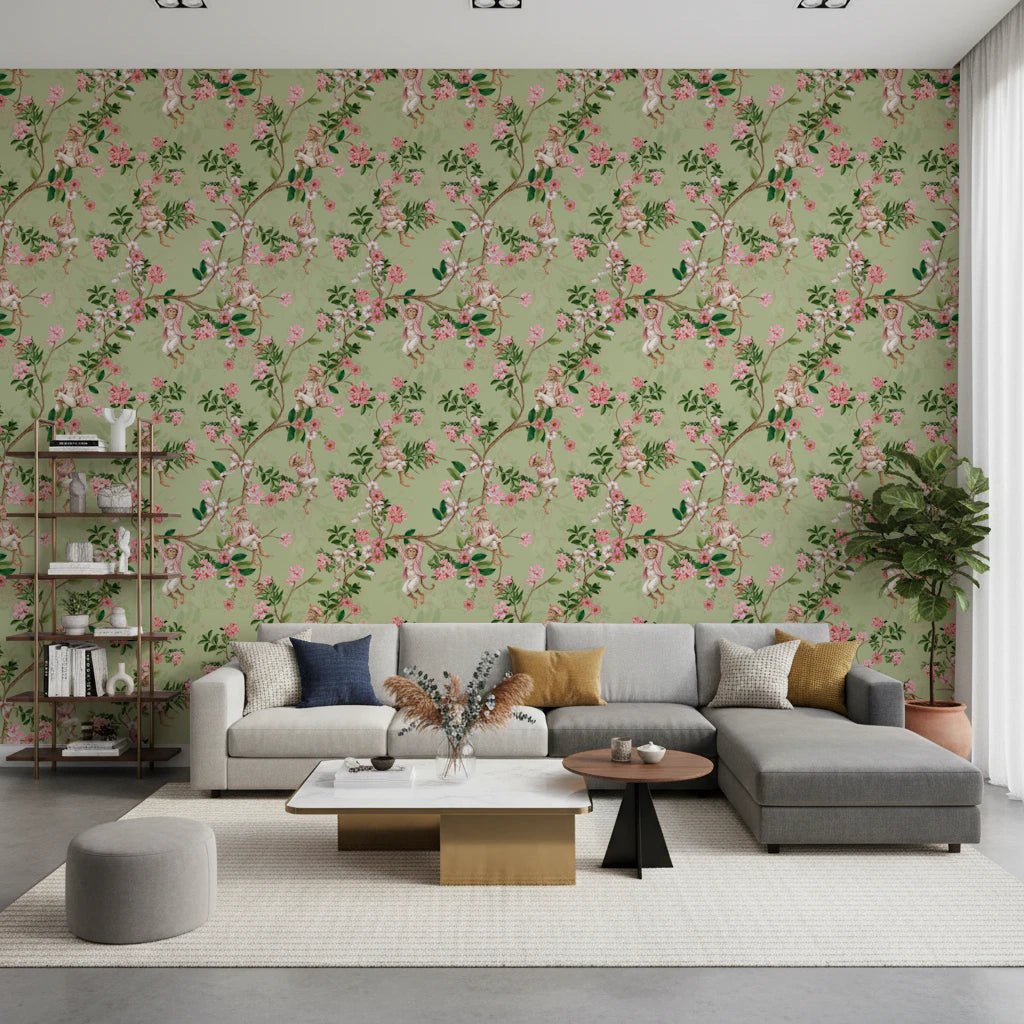 Whimsical Rococo Monkeys Wine Festival Vintage Aristocratic Vineyard Garden Party green Wallpaper⁠