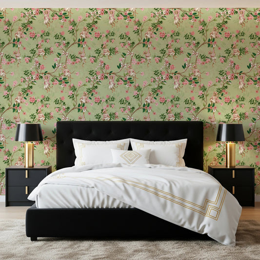 Whimsical Rococo Monkeys Wine Festival Vintage Aristocratic Vineyard Garden Party green Wallpaper⁠