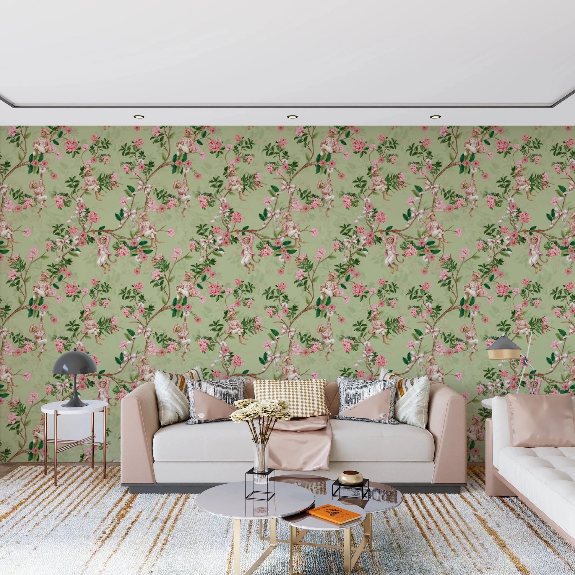 Whimsical Rococo Monkeys Wine Festival Vintage Aristocratic Vineyard Garden Party green Wallpaper⁠