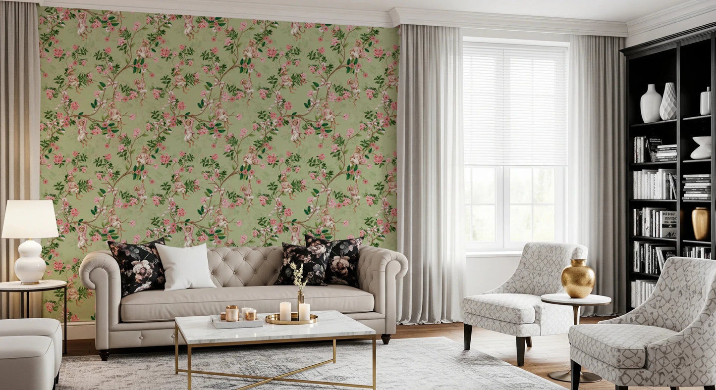 Whimsical Rococo Monkeys Wine Festival Vintage Aristocratic Vineyard Garden Party green Wallpaper⁠