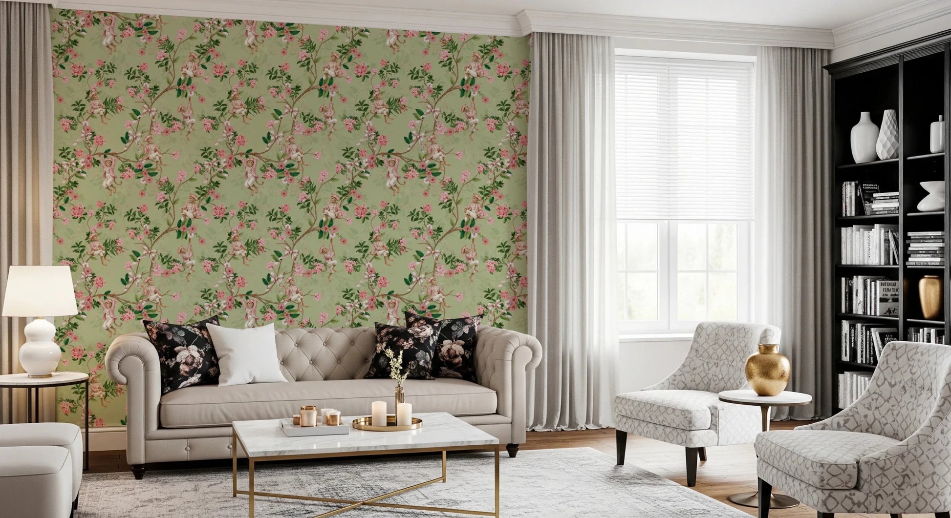 Whimsical Rococo Monkeys Wine Festival Vintage Aristocratic Vineyard Garden Party green Wallpaper⁠