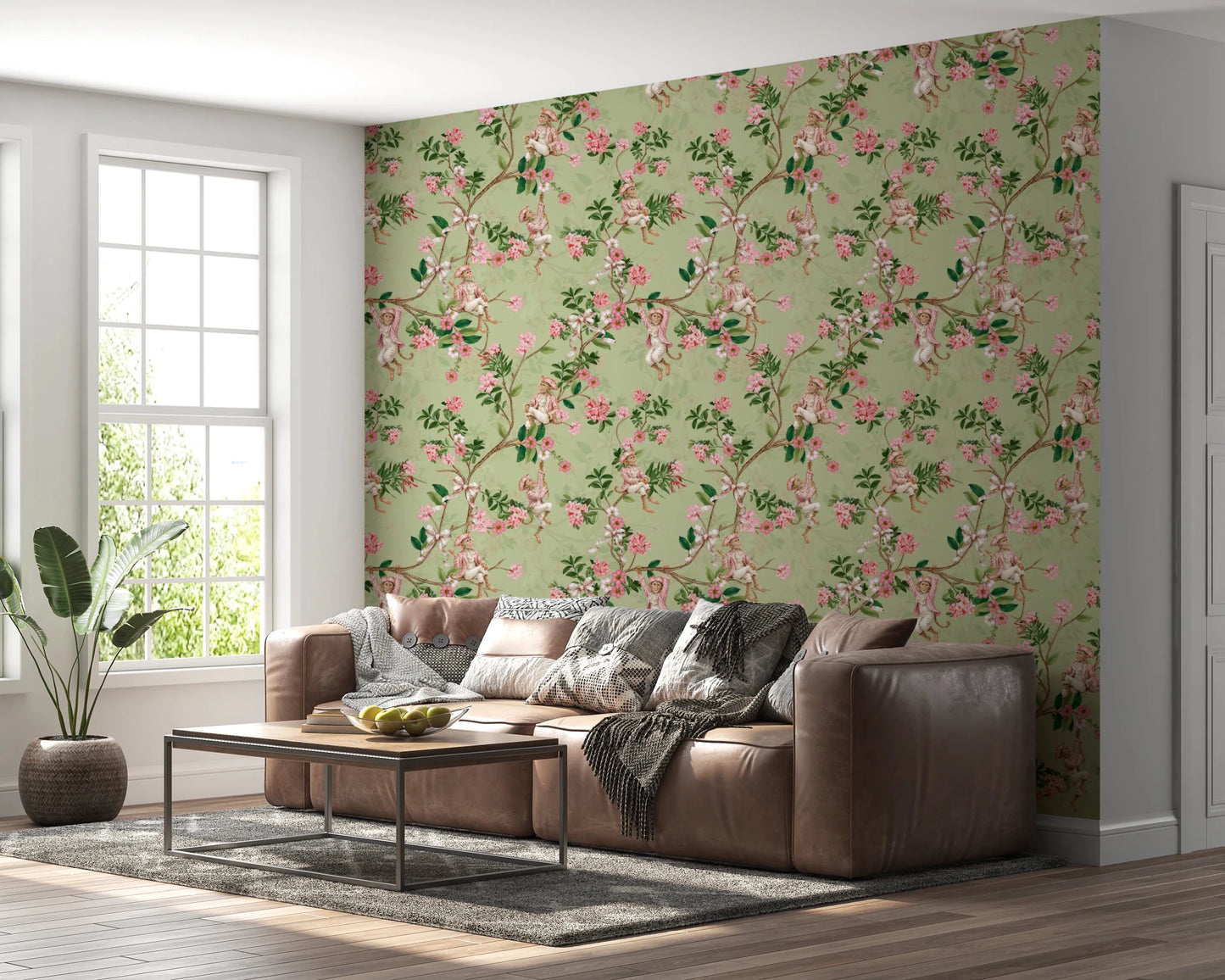 Whimsical Rococo Monkeys Wine Festival Vintage Aristocratic Vineyard Garden Party green Wallpaper⁠