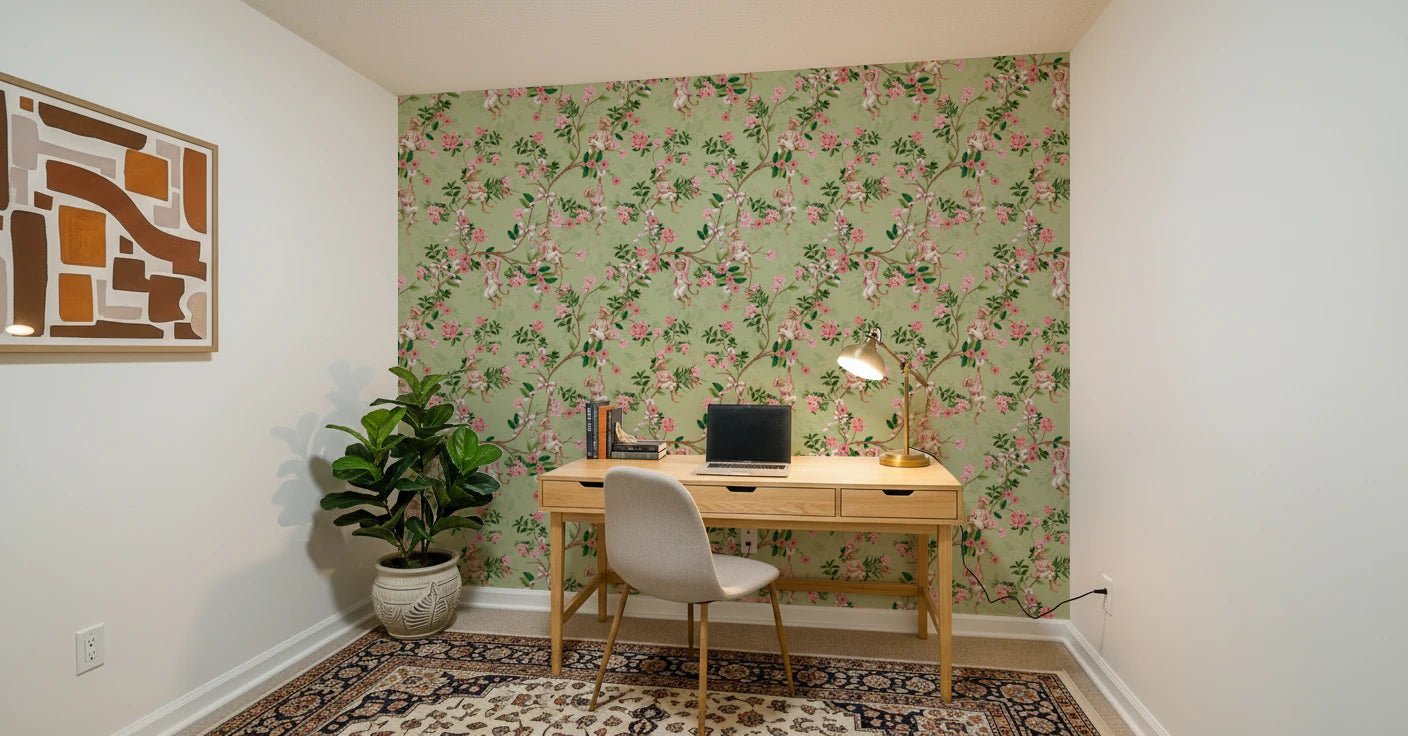 Whimsical Rococo Monkeys Wine Festival Vintage Aristocratic Vineyard Garden Party green Wallpaper⁠