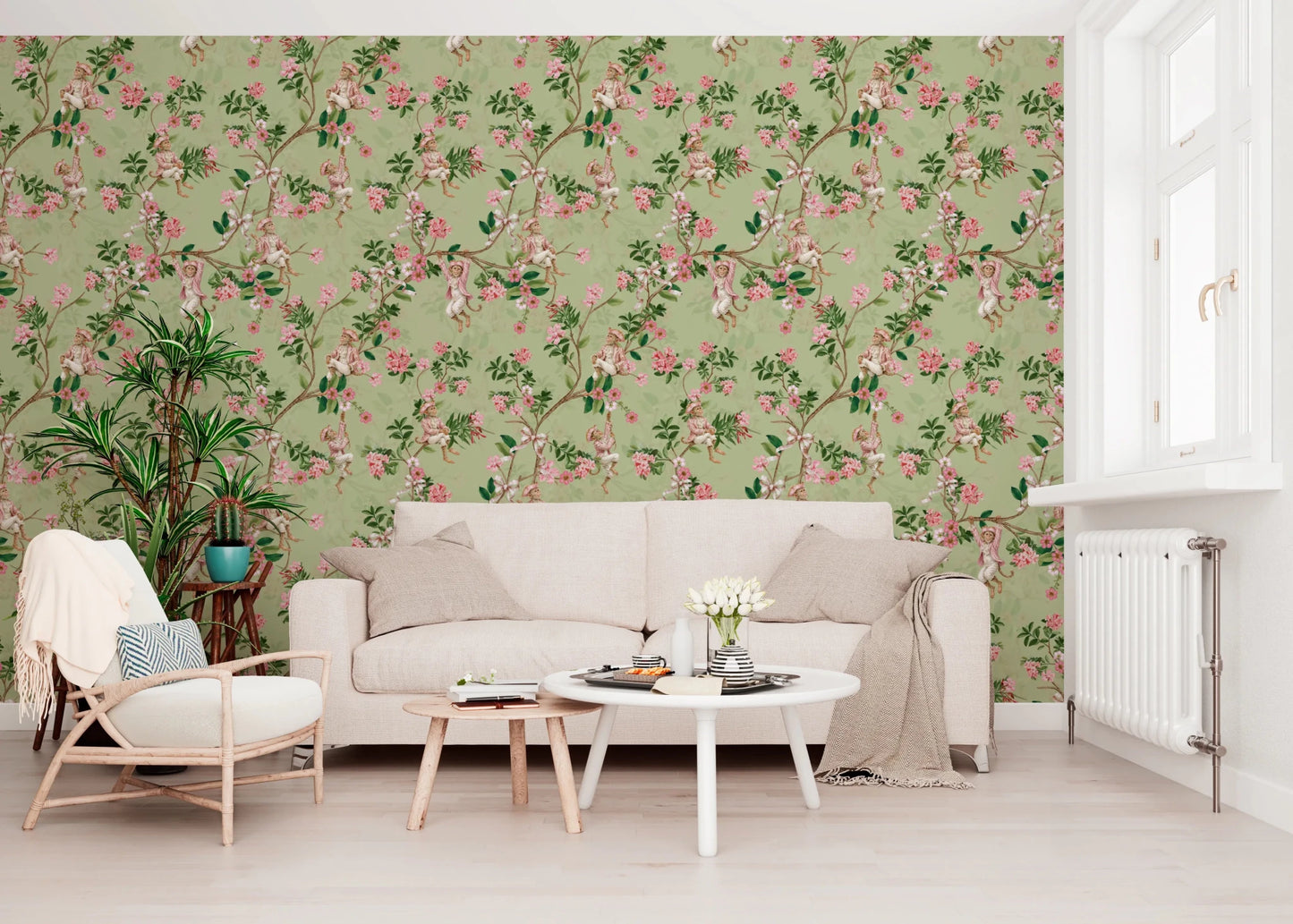 Whimsical Rococo Monkeys Wine Festival Vintage Aristocratic Vineyard Garden Party green Wallpaper⁠