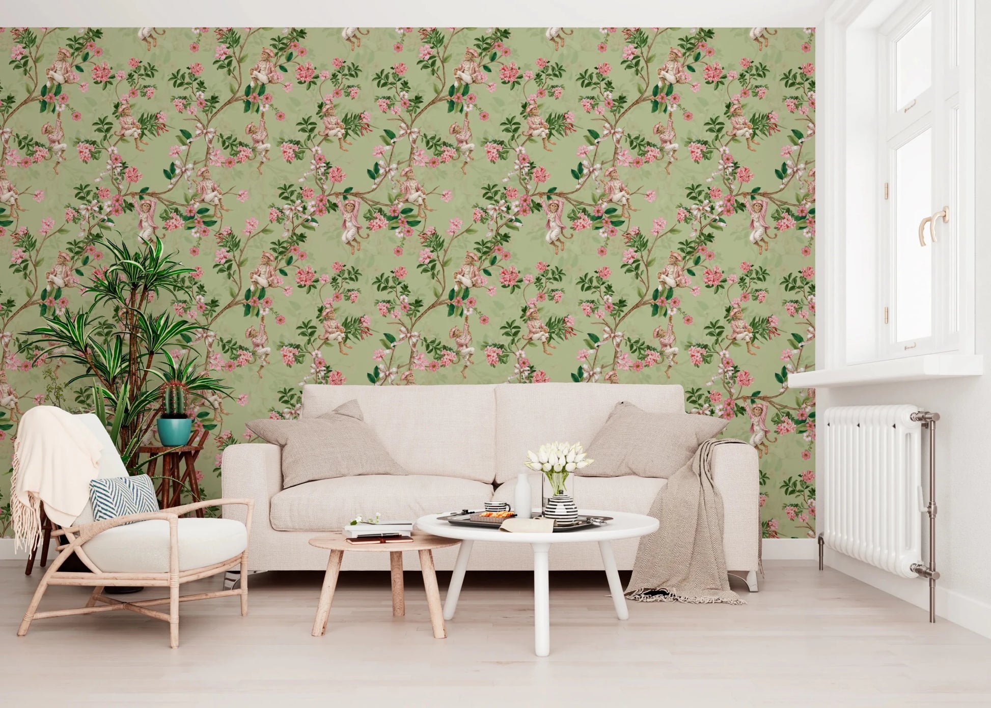 Whimsical Rococo Monkeys Wine Festival Vintage Aristocratic Vineyard Garden Party green Wallpaper⁠