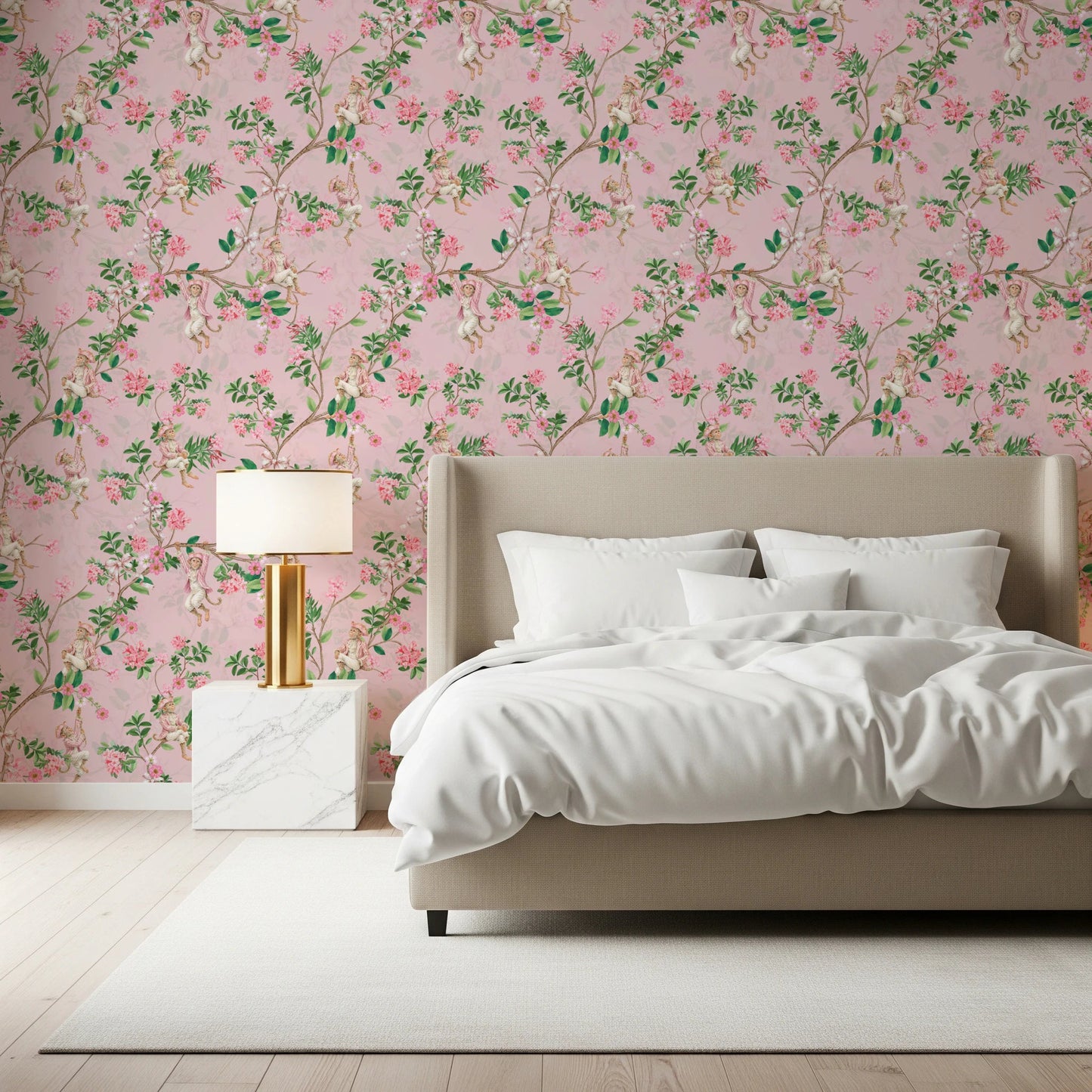 Whimsical Rococo Monkeys Wine Festival Vintage Aristocratic Vineyard Garden Party pink Wallpaper⁠