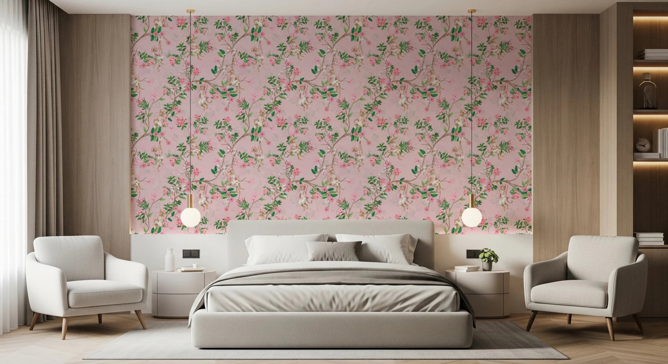 Whimsical Rococo Monkeys Wine Festival Vintage Aristocratic Vineyard Garden Party pink Wallpaper⁠