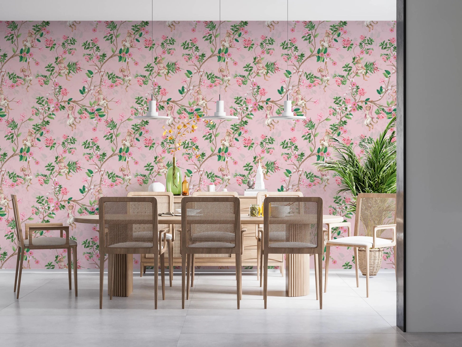 Whimsical Rococo Monkeys Wine Festival Vintage Aristocratic Vineyard Garden Party pink Wallpaper⁠