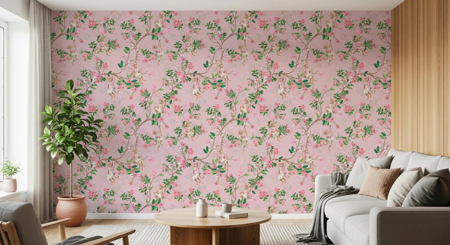 Whimsical Rococo Monkeys Wine Festival Vintage Aristocratic Vineyard Garden Party pink Wallpaper⁠