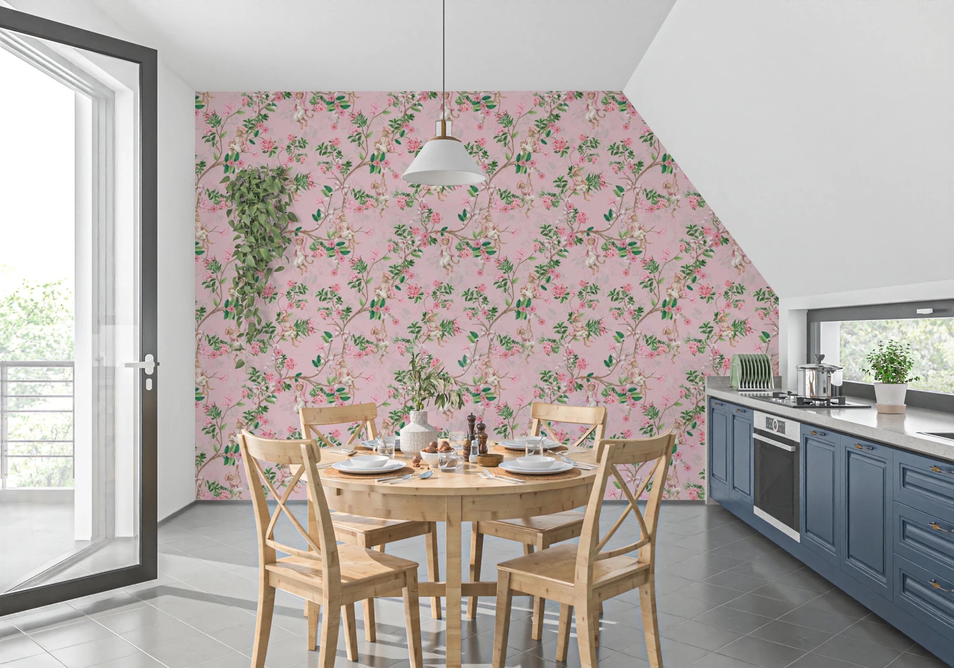 Whimsical Rococo Monkeys Wine Festival Vintage Aristocratic Vineyard Garden Party pink Wallpaper⁠