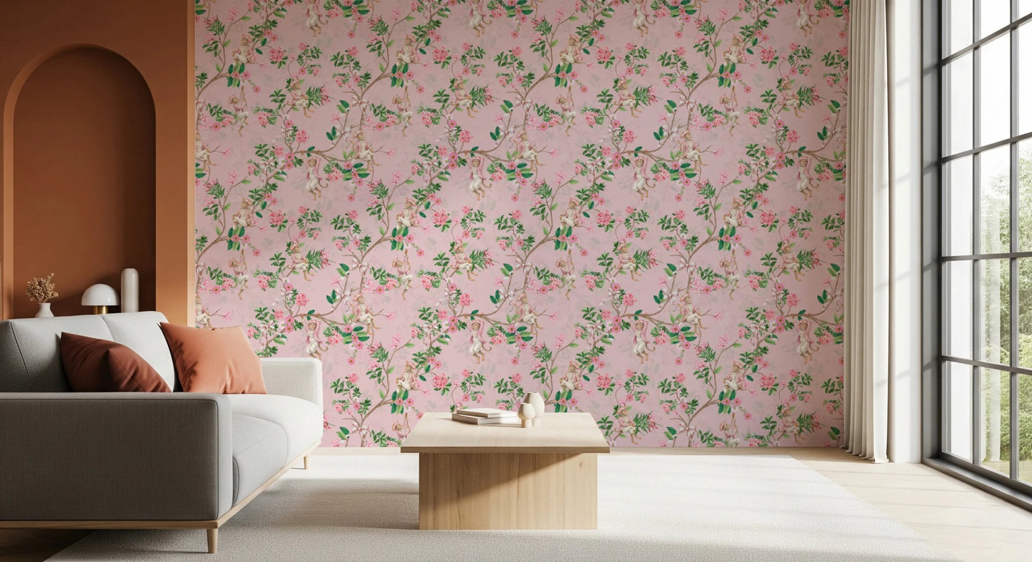 Whimsical Rococo Monkeys Wine Festival Vintage Aristocratic Vineyard Garden Party pink Wallpaper⁠