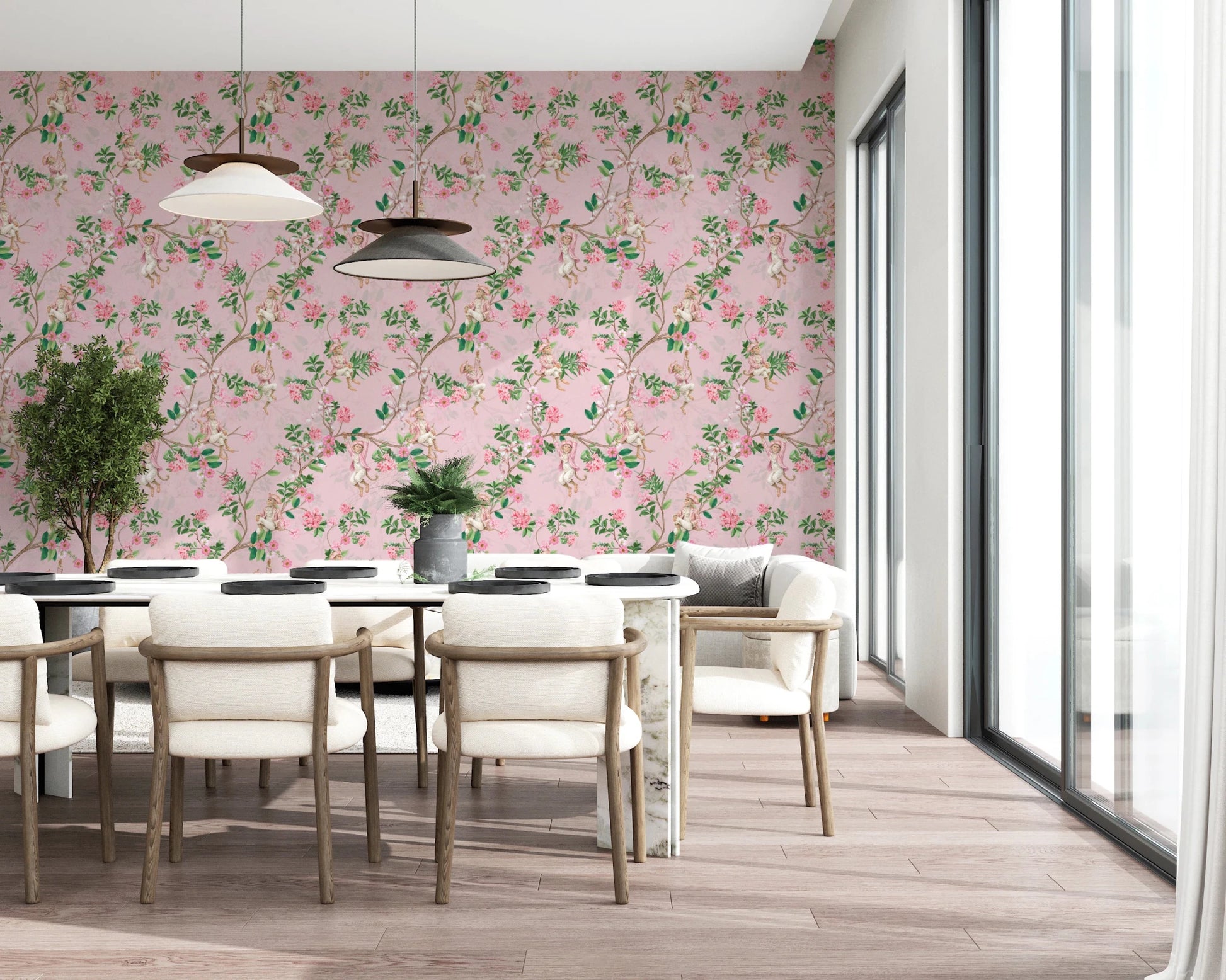 Whimsical Rococo Monkeys Wine Festival Vintage Aristocratic Vineyard Garden Party pink Wallpaper⁠