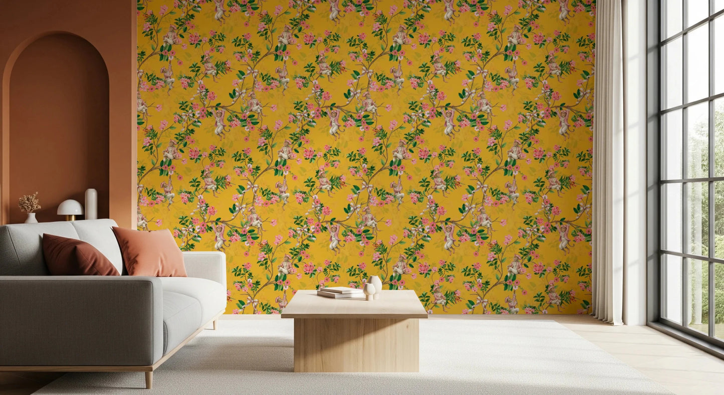 Whimsical Rococo Monkeys Wine Festival Vintage Aristocratic Vineyard Garden Party yellow Wallpaper⁠