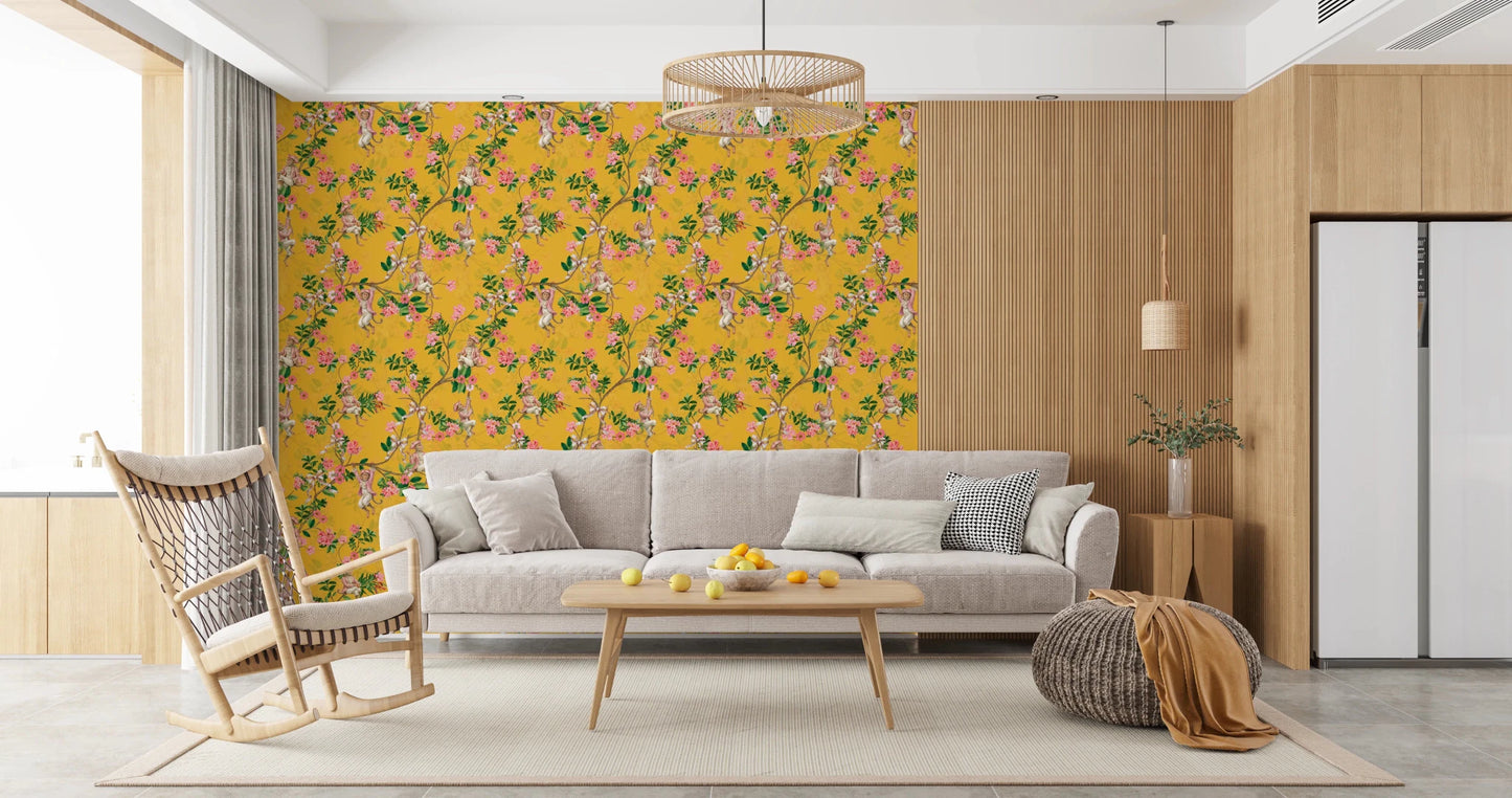 Whimsical Rococo Monkeys Wine Festival Vintage Aristocratic Vineyard Garden Party yellow Wallpaper⁠