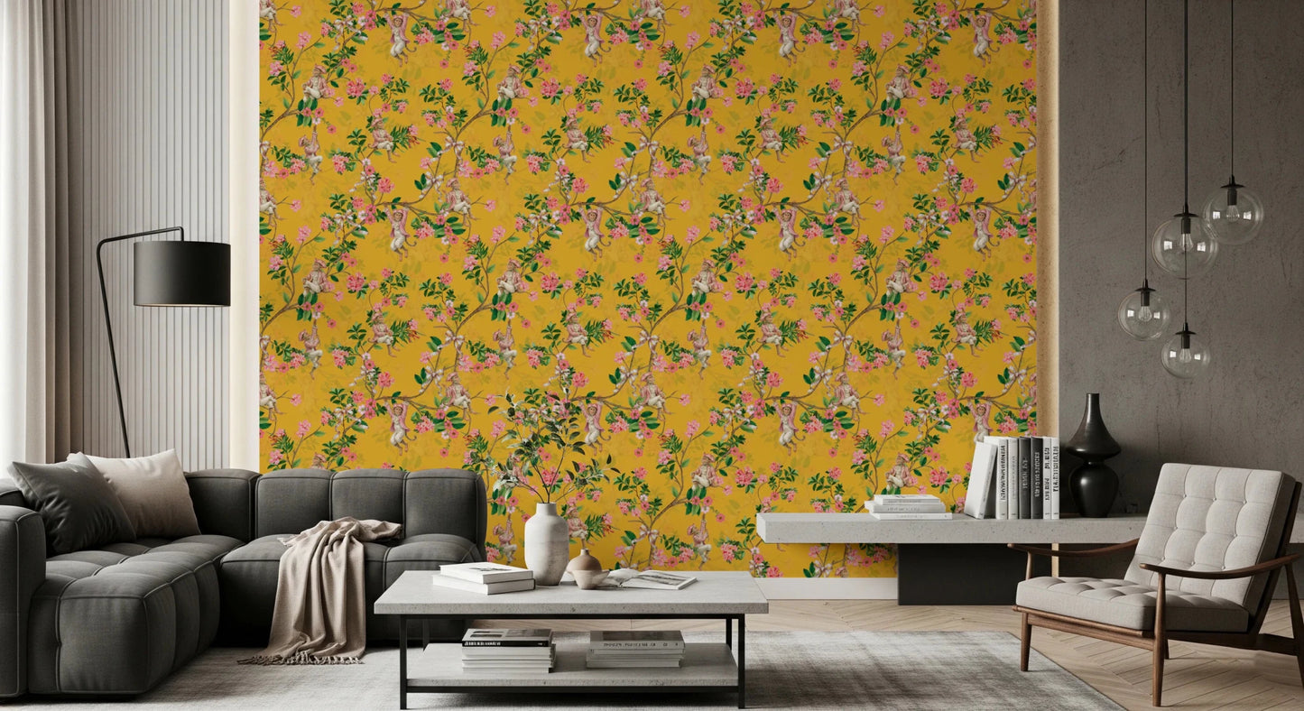 Whimsical Rococo Monkeys Wine Festival Vintage Aristocratic Vineyard Garden Party yellow Wallpaper⁠