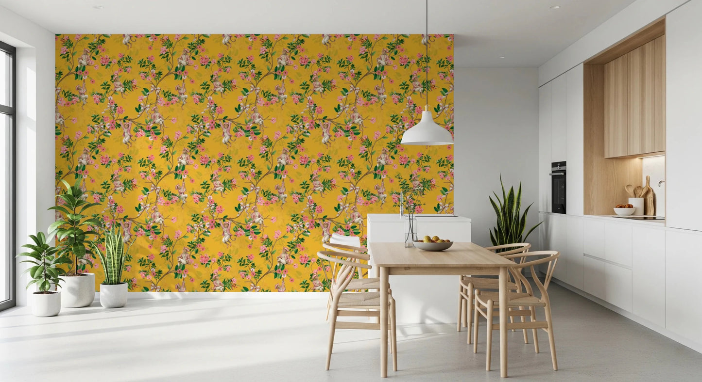 Whimsical Rococo Monkeys Wine Festival Vintage Aristocratic Vineyard Garden Party yellow Wallpaper⁠
