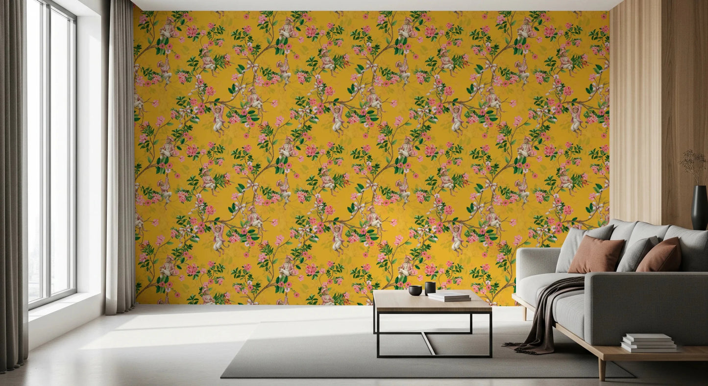 Whimsical Rococo Monkeys Wine Festival Vintage Aristocratic Vineyard Garden Party yellow Wallpaper⁠