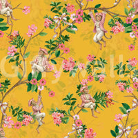 Whimsical Rococo Monkeys Wine Festival Vintage Aristocratic Vineyard Garden Party yellow Wallpaper⁠