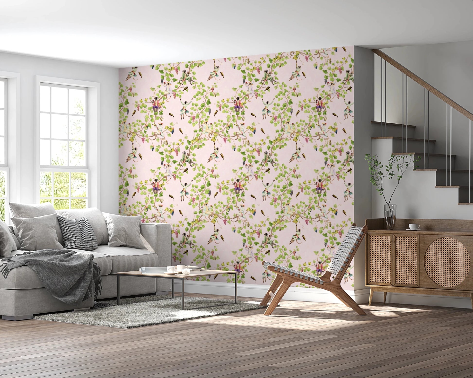 Whimsical Rococo Monkeys Wine Festival Vintage Aristocratic Vineyard Garden pink Wallpaper⁠