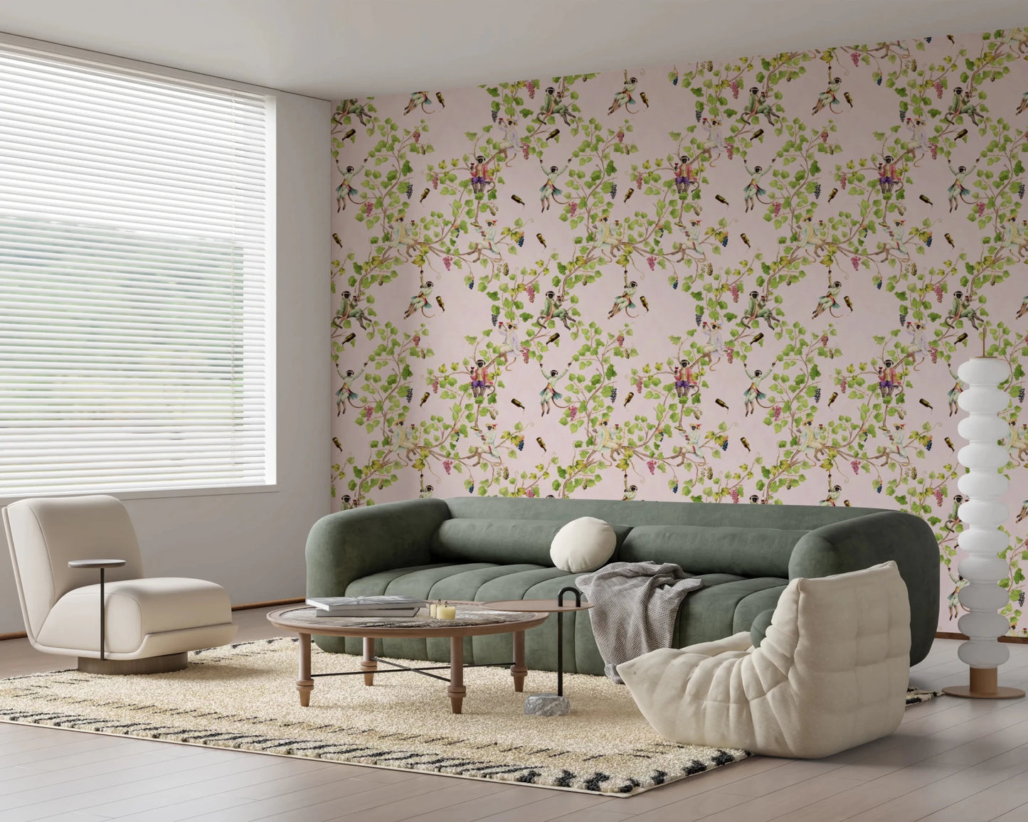 Whimsical Rococo Monkeys Wine Festival Vintage Aristocratic Vineyard Garden pink Wallpaper⁠