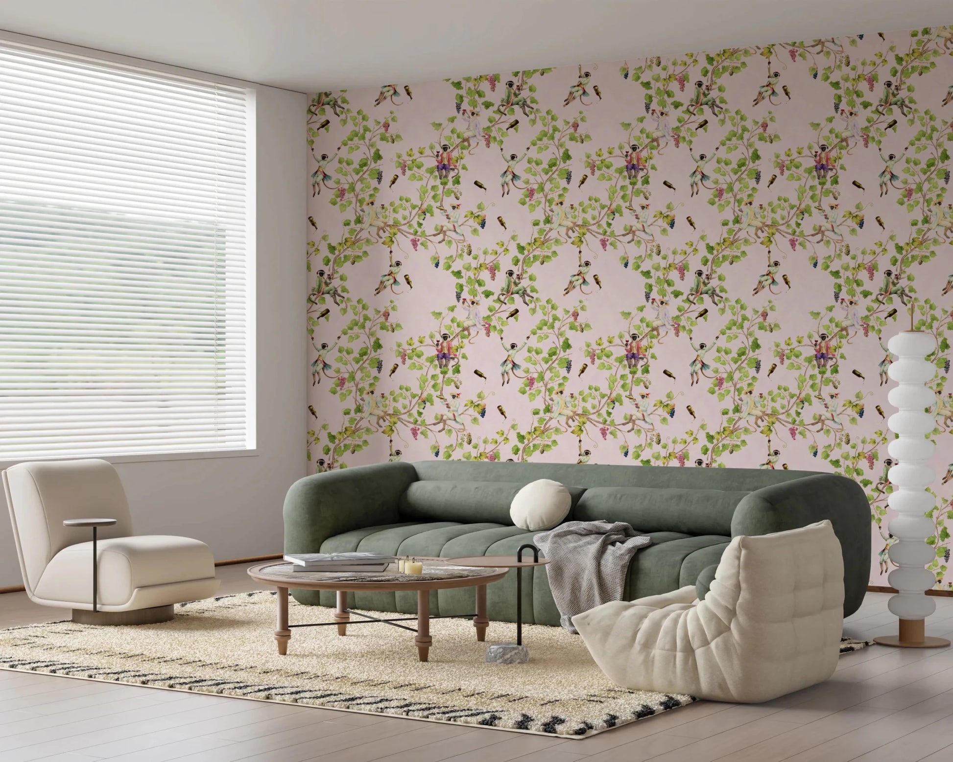 Whimsical Rococo Monkeys Wine Festival Vintage Aristocratic Vineyard Garden pink Wallpaper⁠