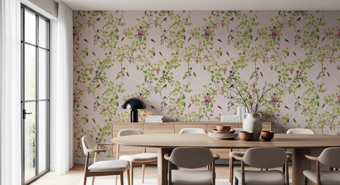 Whimsical Rococo Monkeys Wine Festival Vintage Aristocratic Vineyard Garden pink Wallpaper⁠