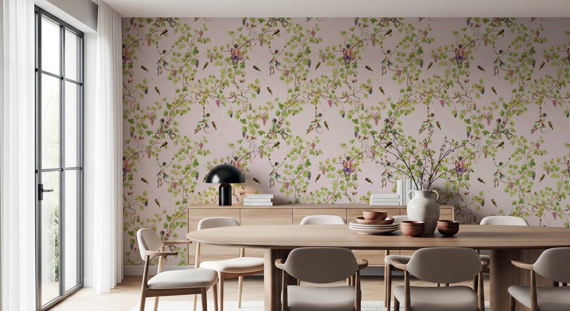 Whimsical Rococo Monkeys Wine Festival Vintage Aristocratic Vineyard Garden pink Wallpaper⁠