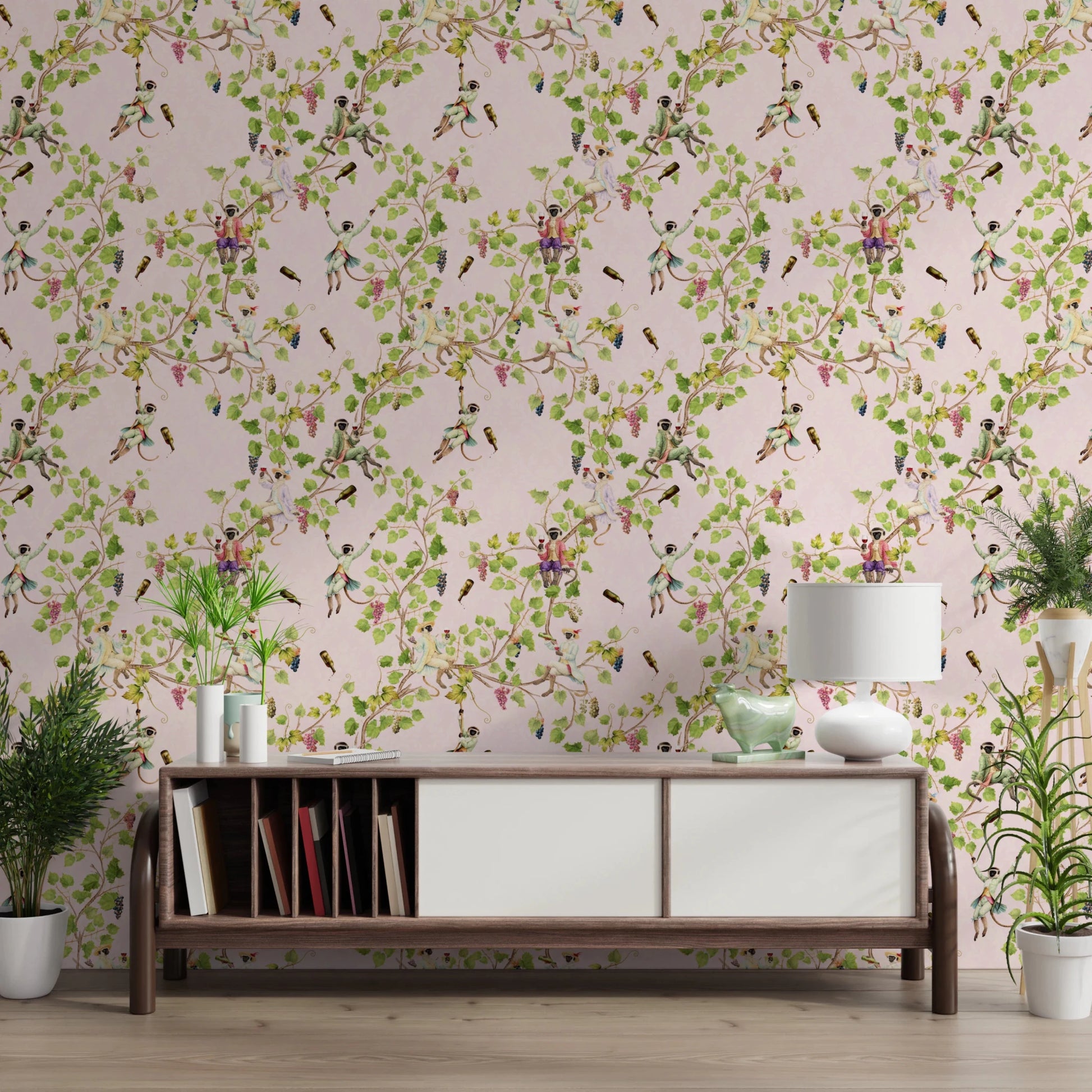 Whimsical Rococo Monkeys Wine Festival Vintage Aristocratic Vineyard Garden pink Wallpaper⁠