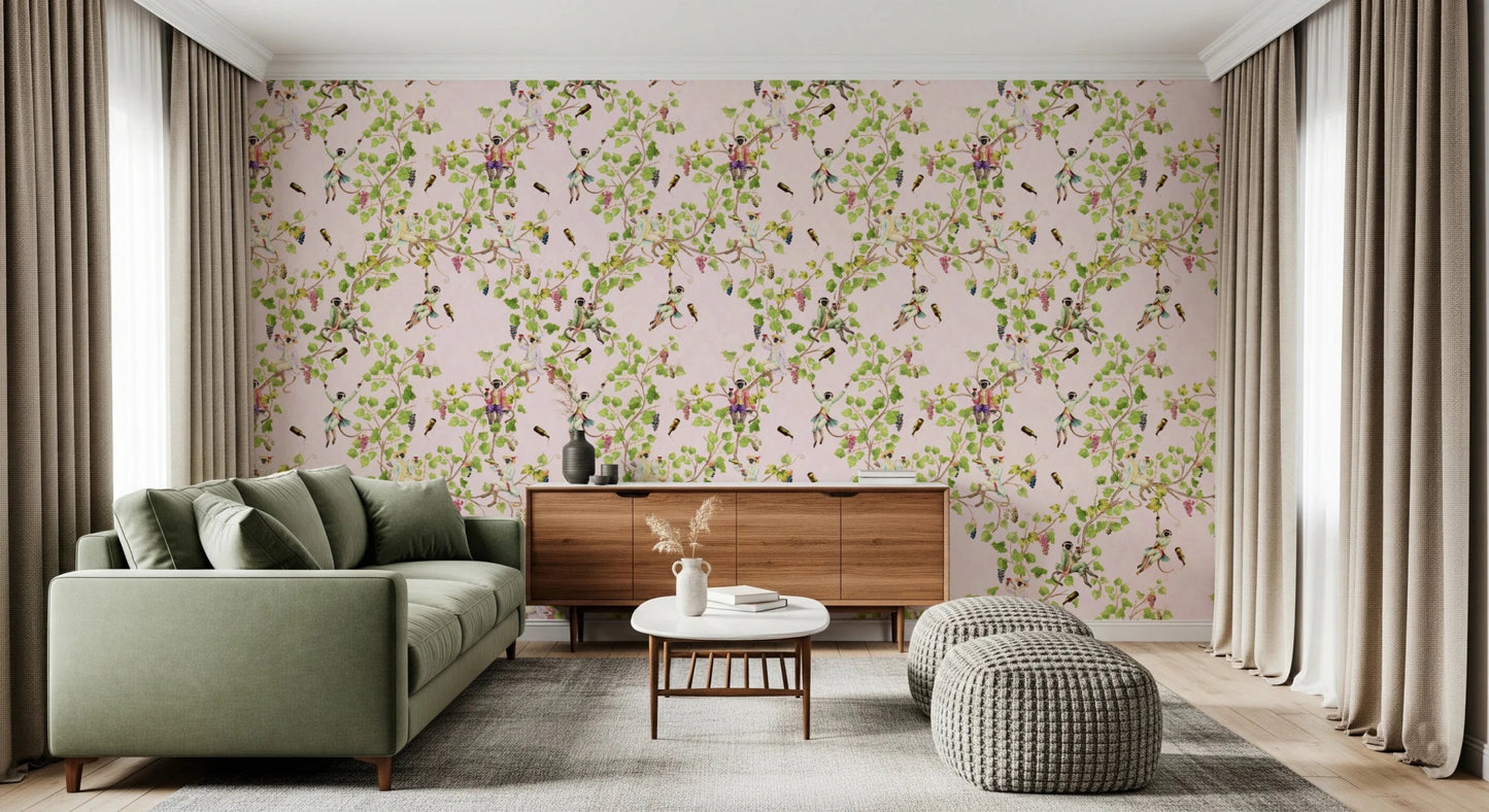 Whimsical Rococo Monkeys Wine Festival Vintage Aristocratic Vineyard Garden pink Wallpaper⁠