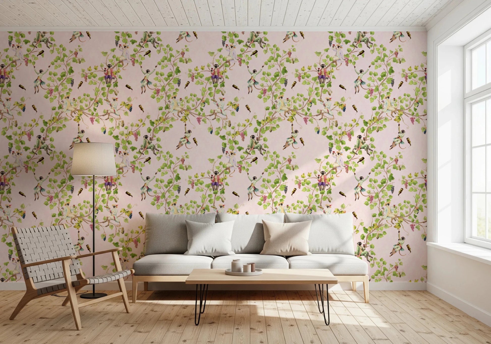 Whimsical Rococo Monkeys Wine Festival Vintage Aristocratic Vineyard Garden pink Wallpaper⁠