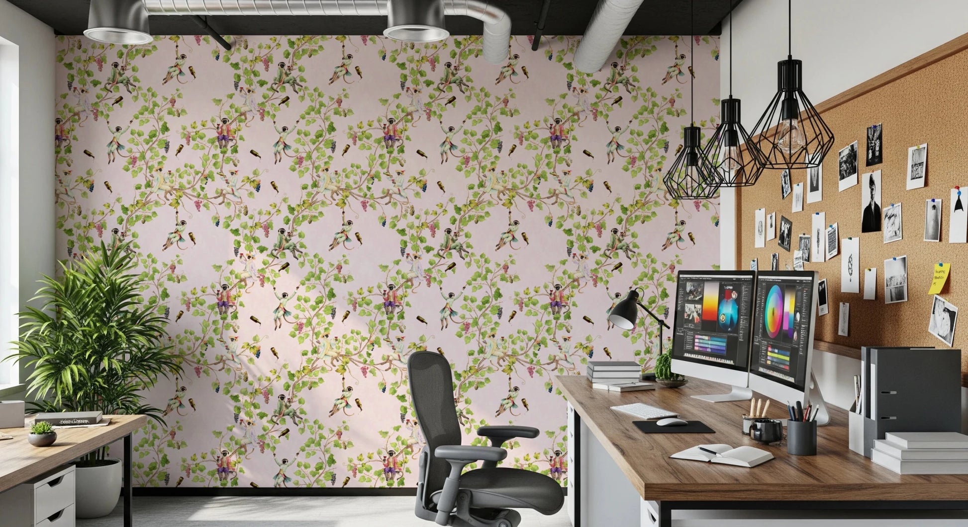 Whimsical Rococo Monkeys Wine Festival Vintage Aristocratic Vineyard Garden pink Wallpaper⁠