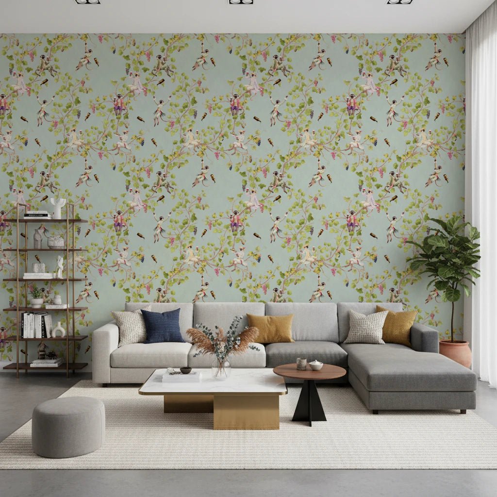 Whimsical Rococo Monkeys Wine Festival Vintage Aristocratic Vineyard Garden turquoise Wallpaper⁠